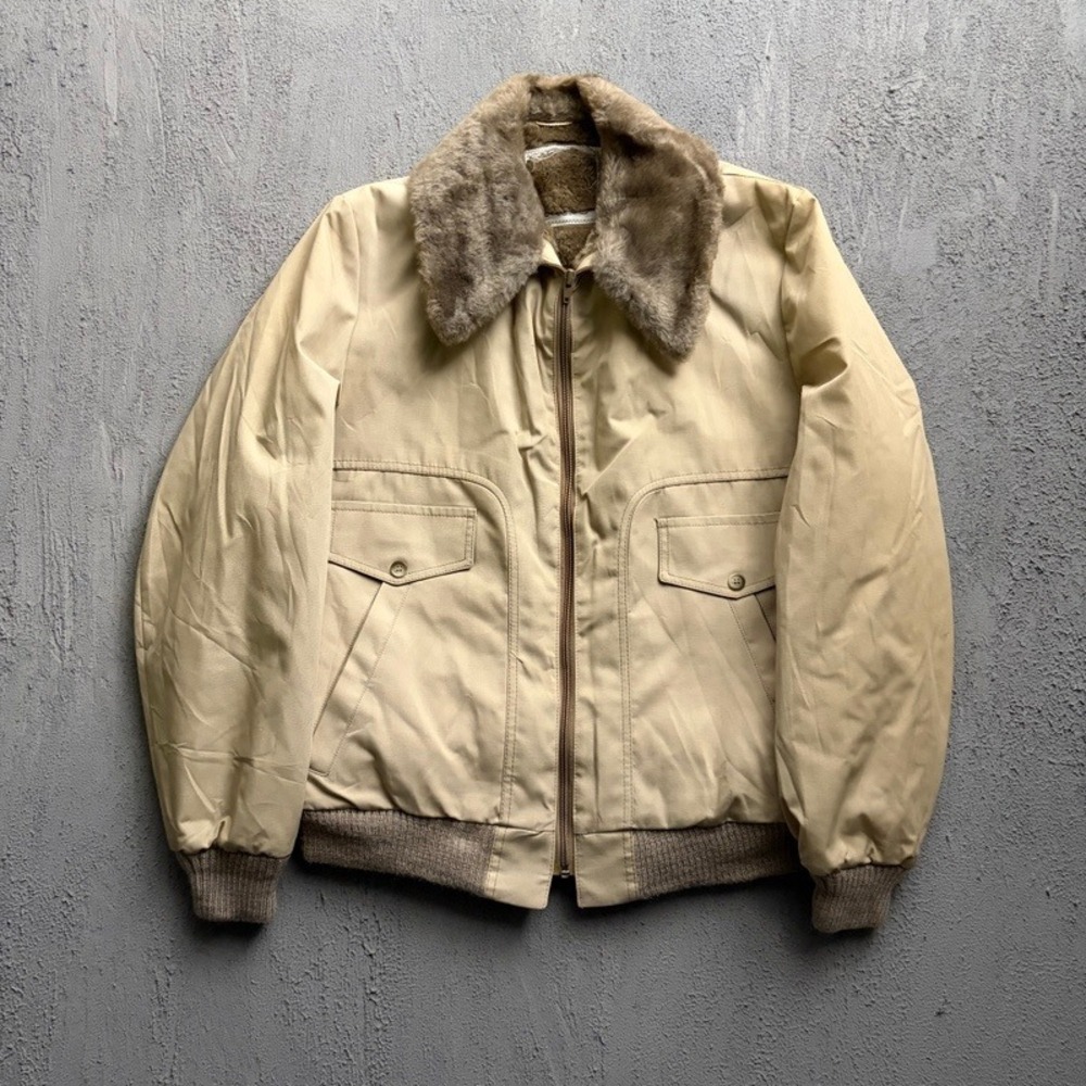 Vintage Bomber Jacket Medium Beige 1970s Faux Fur Collar